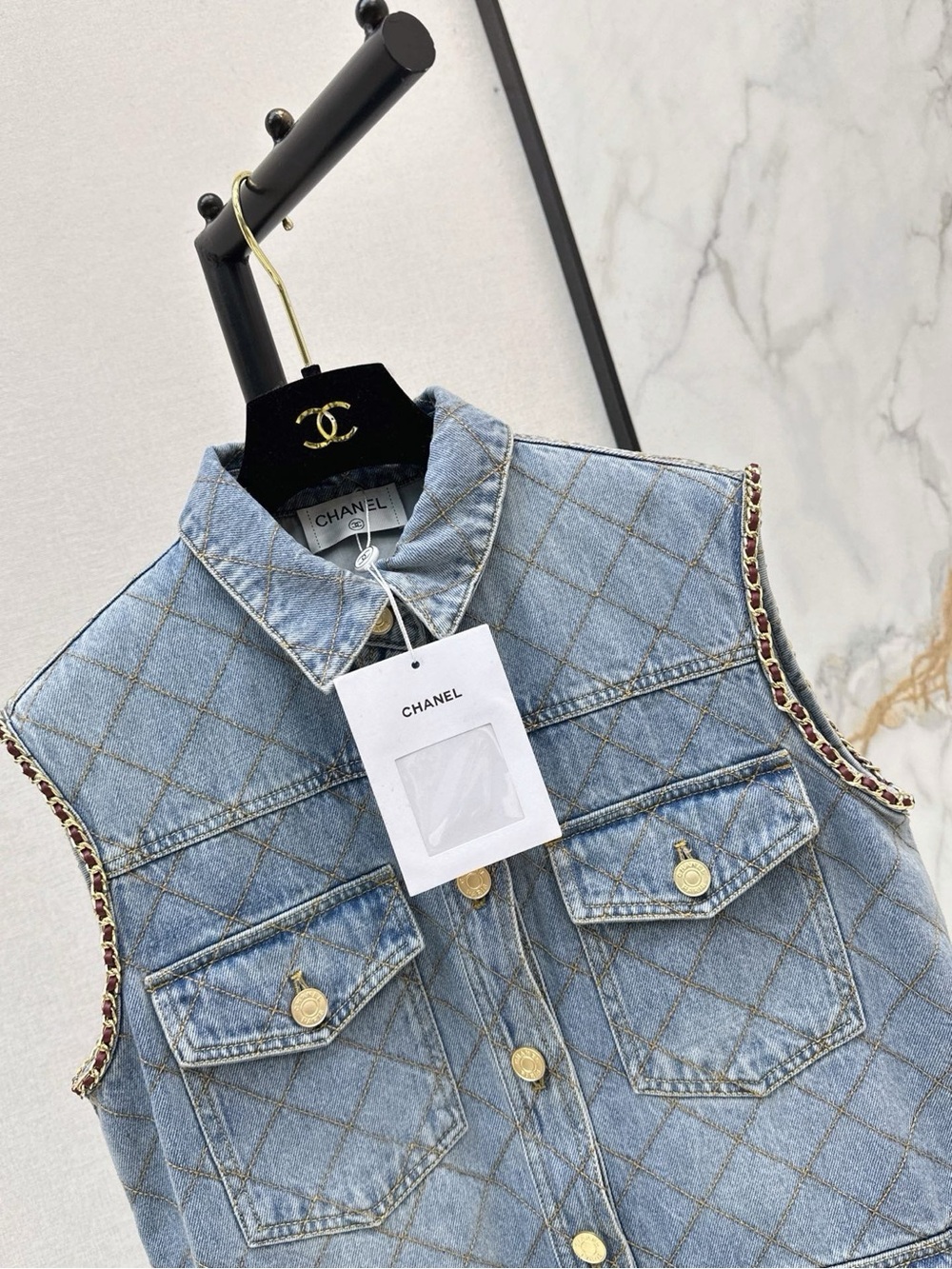 CHANEL Quilted Light Blue Denim Sleeveless Vest with Gold-Tone Buttons - Picture 4 of 9